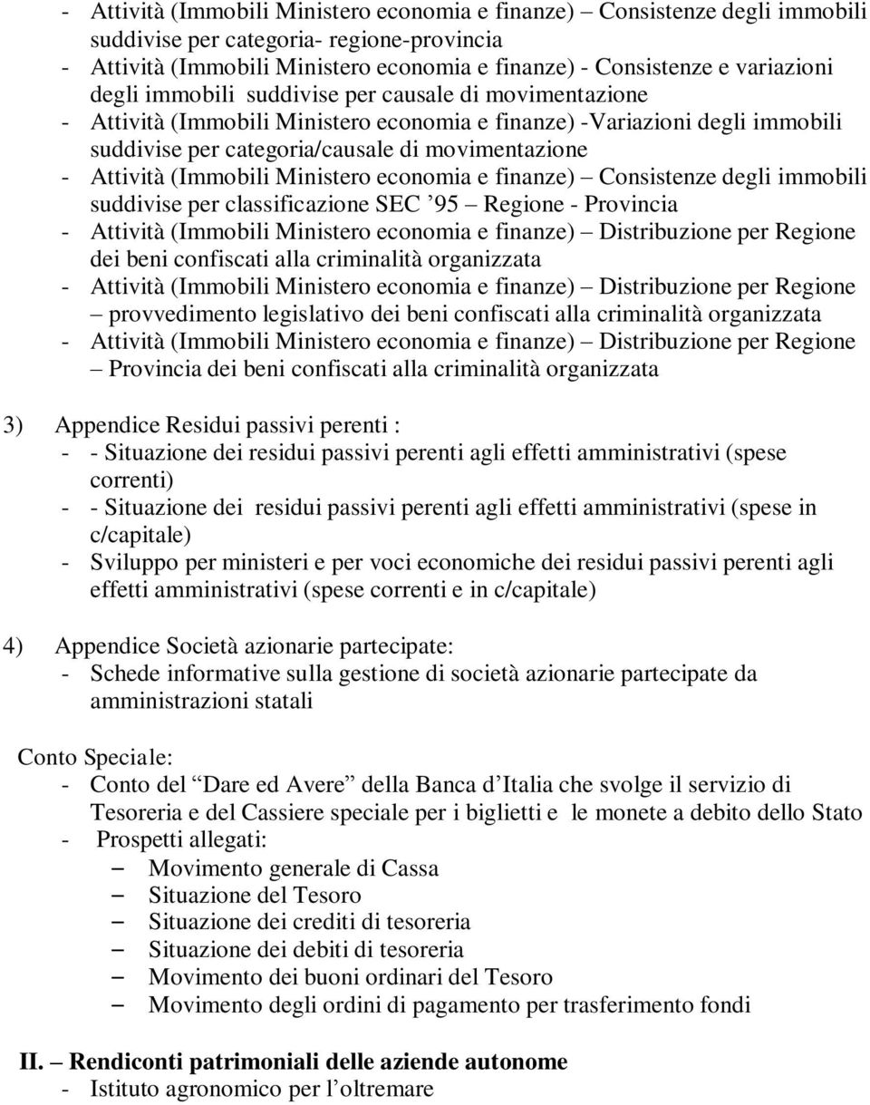 (Immobili Ministero economia e finanze) Consistenze degli immobili suddivise per classificazione SEC 95 Regione - Provincia - Attività (Immobili Ministero economia e finanze) Distribuzione per