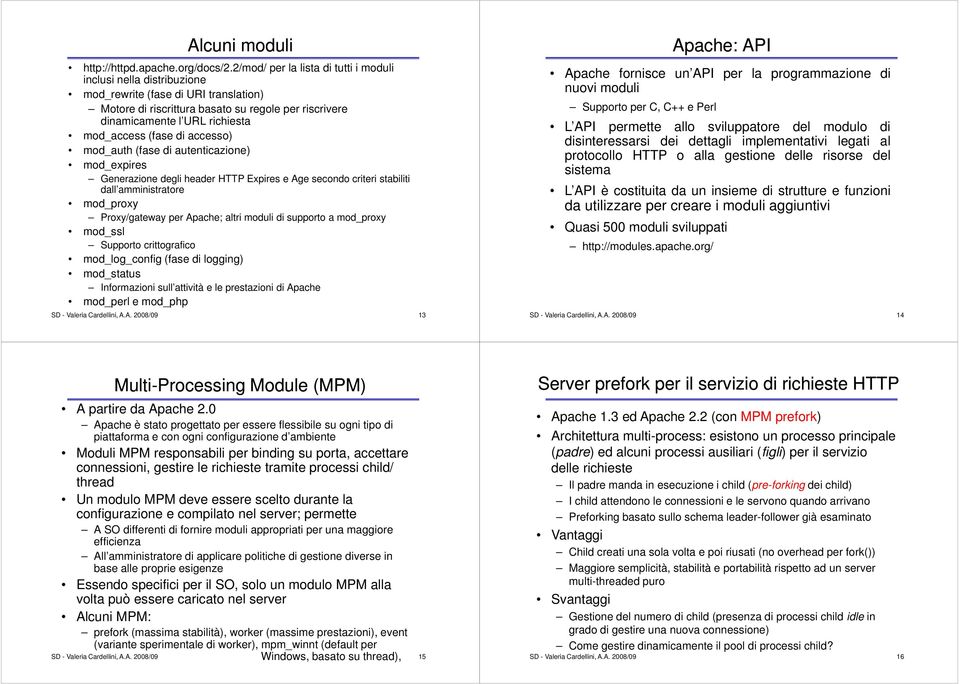 (fase di accesso) mod_auth (fase di autenticazione) mod_expires Generazione degli header HTTP Expires e Age secondo criteri stabiliti dall amministratore mod_proxy Proxy/gateway per Apache; altri