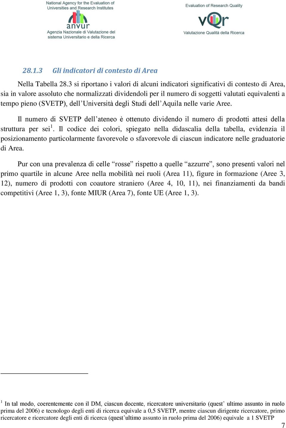 (SVETP), dell Università degli Studi dell Aquila nelle varie Aree. Il numero di SVETP dell ateneo è ottenuto dividendo il numero di prodotti attesi della struttura per sei 1.