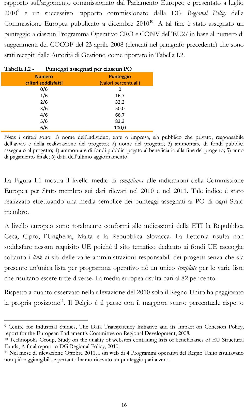 A tal fine è stato assegnato un punteggio a ciascun Programma Operativo CRO e CONV dell EU27 in base al numero di suggerimenti del COCOF del 23 aprile 2008 (elencati nel paragrafo precedente) che