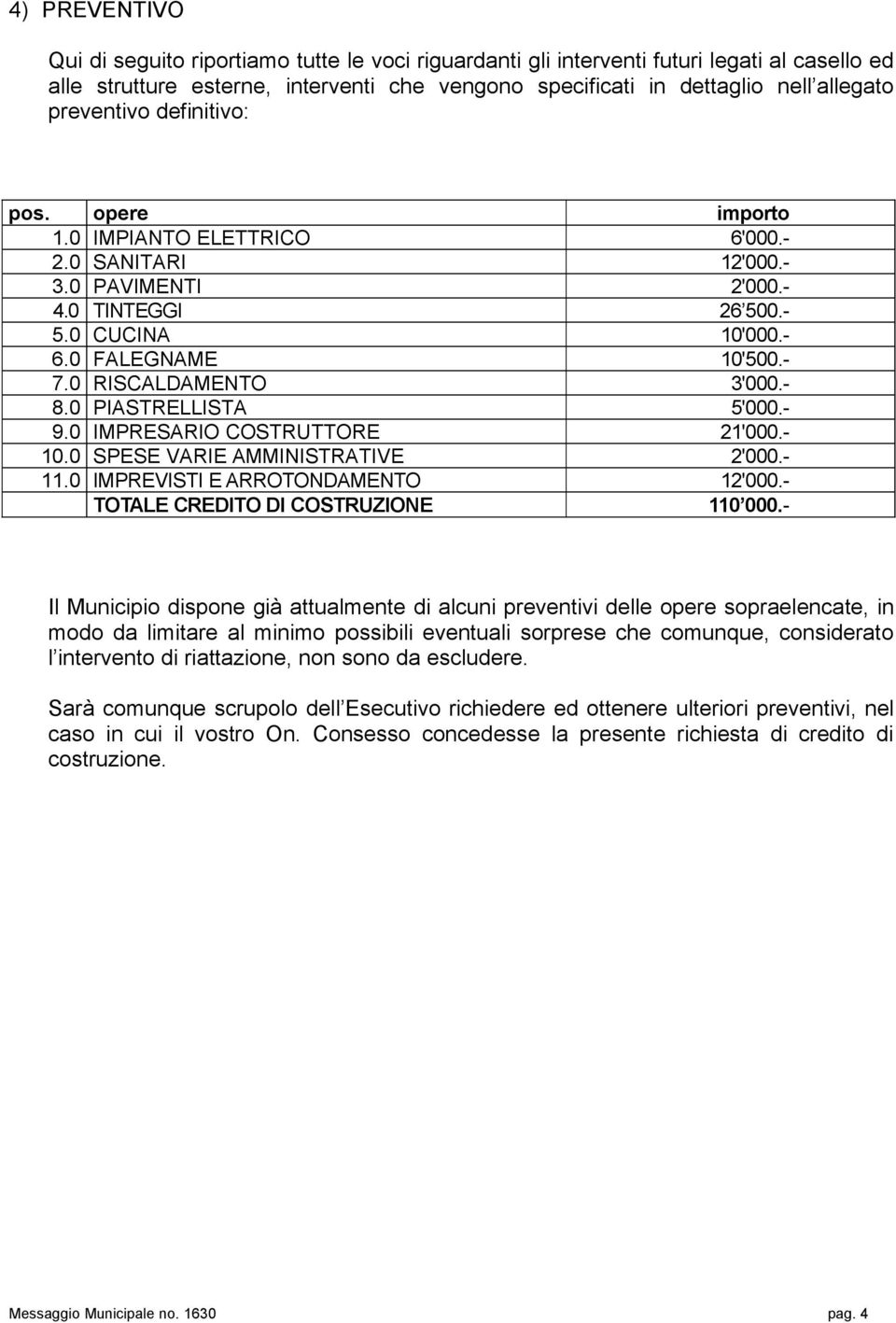 0 RISCALDAMENTO 3'000.- 8.0 PIASTRELLISTA 5'000.- 9.0 IMPRESARIO COSTRUTTORE 21'000.- 10.0 SPESE VARIE AMMINISTRATIVE 2'000.- 11.0 IMPREVISTI E ARROTONDAMENTO 12'000.