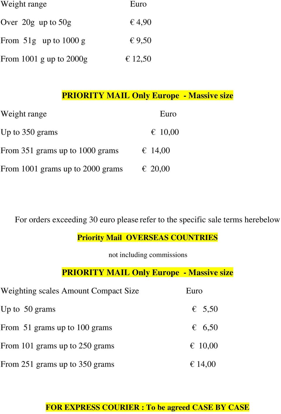 herebelow Priority Mail OVERSEAS COUNTRIES not including commissions PRIORITY MAIL Only pe - Massive size Weighting scales Amount Compact Size Up to 50 grams