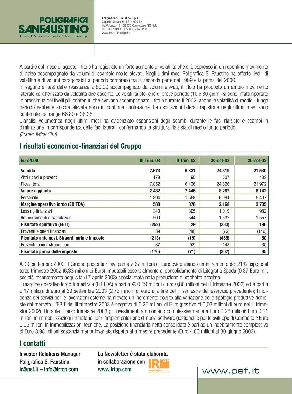 Negli ultimi mesi Poligrafica S. Faustino ha offerto livelli di volatilità e di volumi paragonabili al periodo compreso fra la seconda parte del 1999 e la prima del 2000.