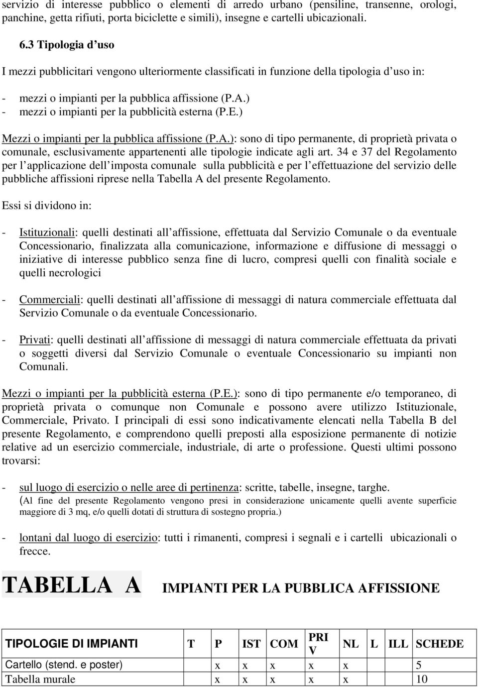 ) - mezzi o impianti per la pubblicità esterna (P.E.) Mezzi o impianti per la pubblica affissione (P.A.