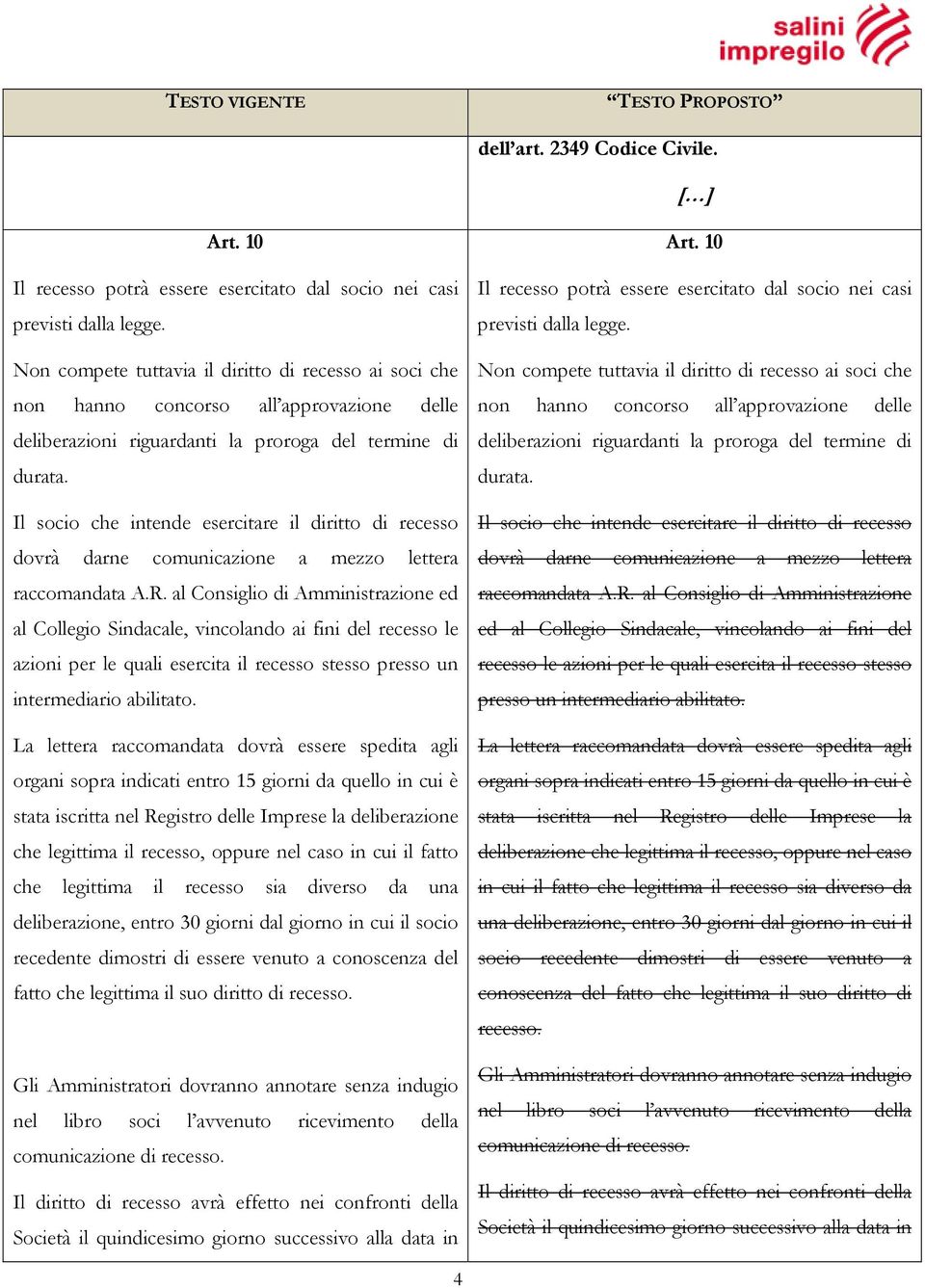 Il socio che intende esercitare il diritto di recesso dovrà darne comunicazione a mezzo lettera raccomandata A.R.