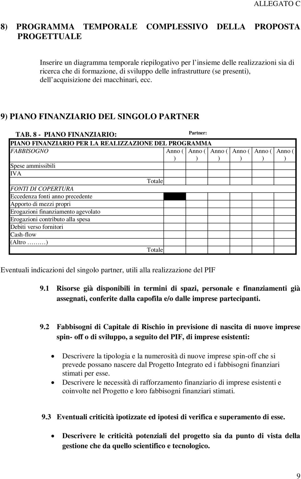 8 - PIANO FINANZIARIO: Partner: PIANO FINANZIARIO PER LA REALIZZAZIONE DEL PROGRAMMA FABBISOGNO Spese ammissibili IVA FONTI DI COPERTURA Eccedenza fonti anno precedente Apporto di mezzi propri