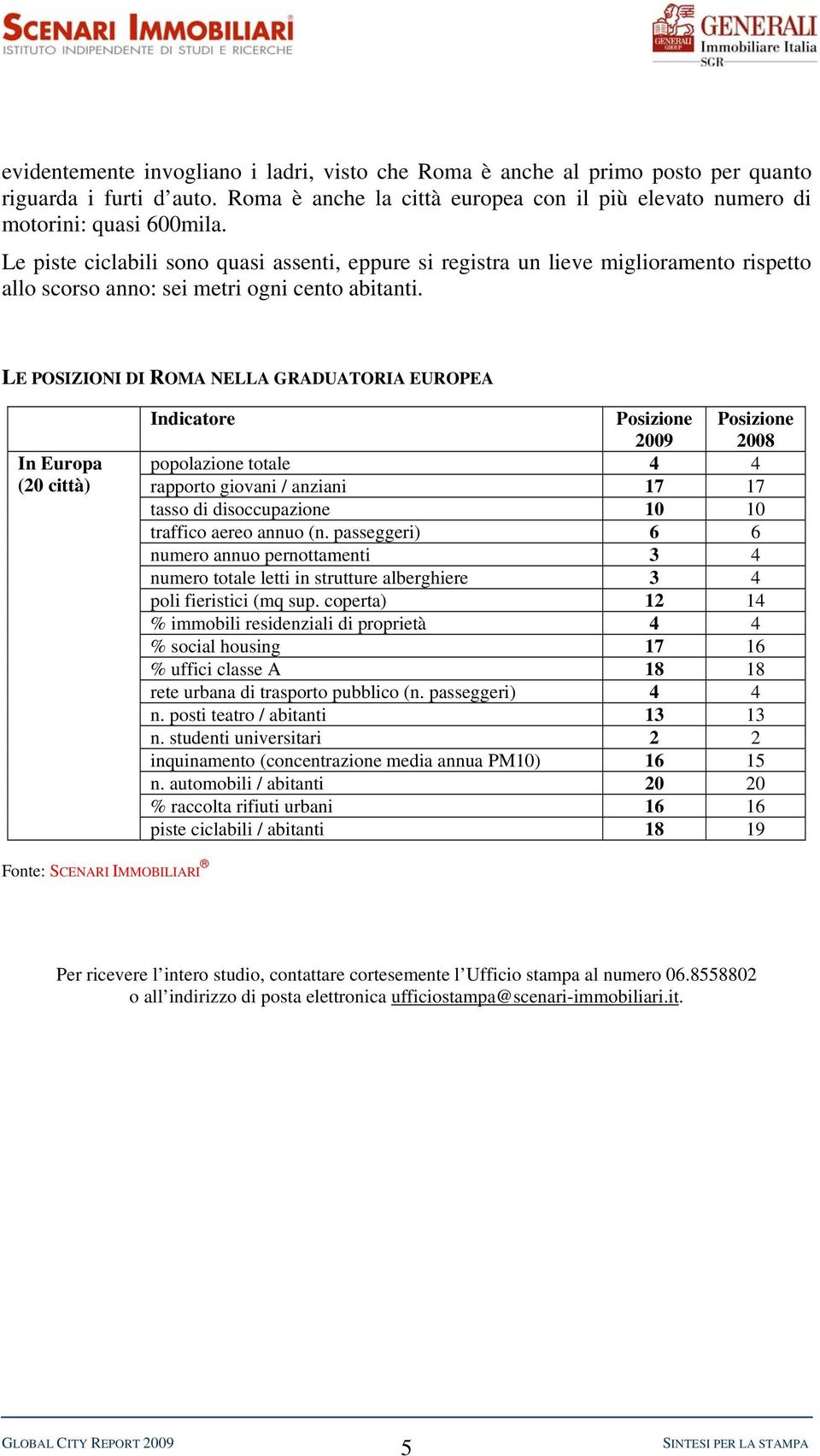 LE POSIZIONI DI ROMA NELLA GRADUATORIA EUROPEA In Europa (20 città) Indicatore 2009 2008 popolazione totale 4 4 rapporto giovani / anziani 17 17 tasso di disoccupazione 10 10 traffico aereo annuo (n.