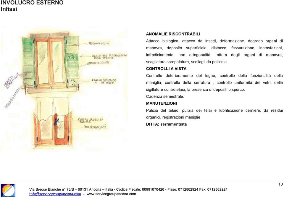 legno, controllo della funzionalità della maniglia, controllo della serratura, controllo uniformità dei vetri, delle sigillature controtelaio, la presenza di