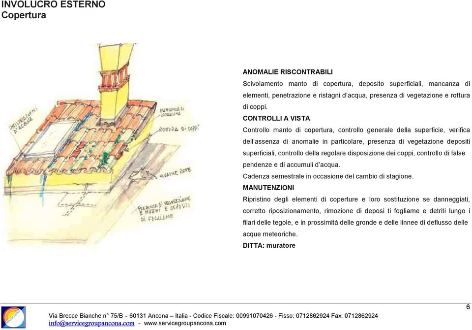 disposizione dei coppi, controllo di false pendenze e di accumuli d acqua. Cadenza semestrale in occasione del cambio di stagione.