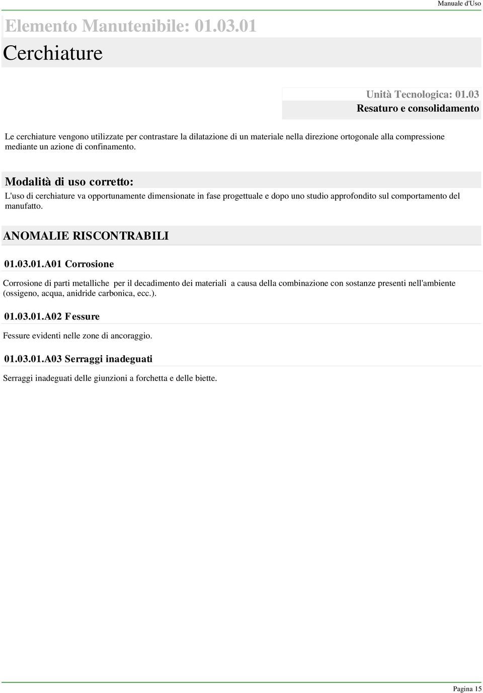 Modalità di uso corretto: L'uso di cerchiature va opportunamente dimensionate in fase progettuale e dopo uno studio approfondito sul comportamento del manufatto. ANOMALIE RISCONTRABILI 01.