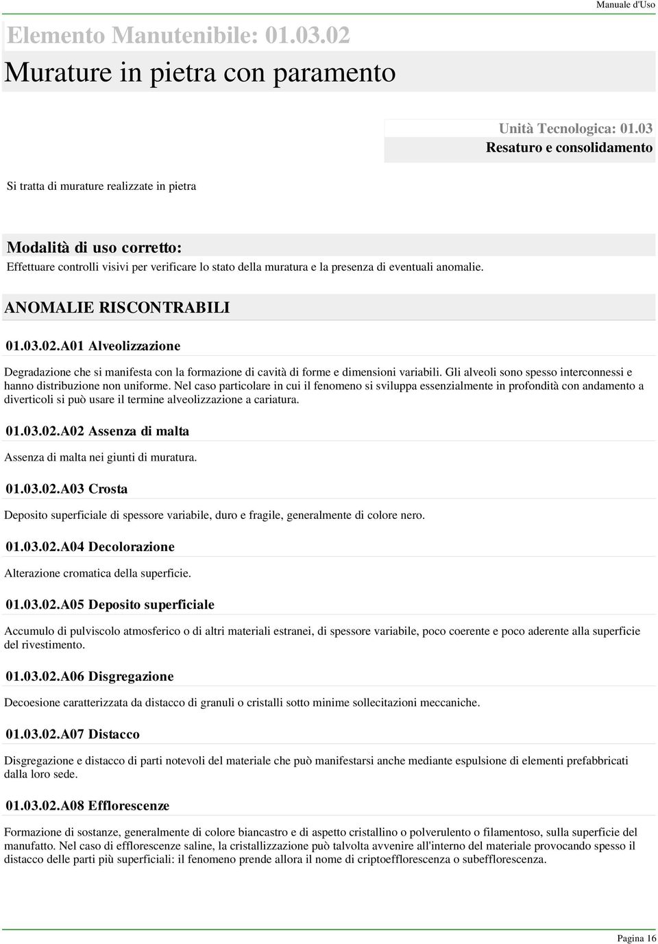 anomalie. ANOMALIE RISCONTRABILI 01.03.02.A01 Alveolizzazione Degradazione che si manifesta con la formazione di cavità di forme e dimensioni variabili.