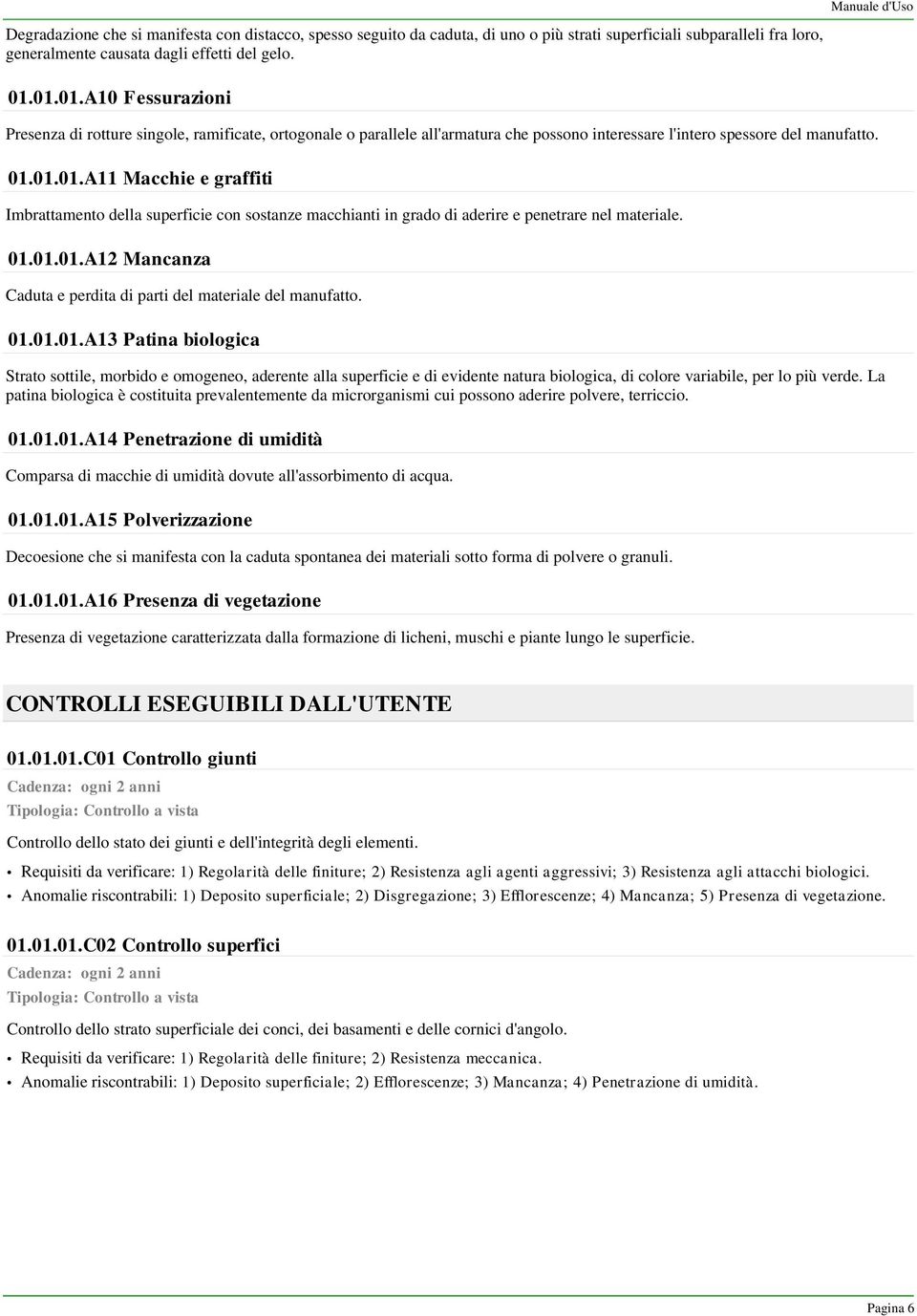 01.01.01.A12 Mancanza Caduta e perdita di parti del materiale del manufatto. 01.01.01.A13 Patina biologica Strato sottile, morbido e omogeneo, aderente alla superficie e di evidente natura biologica, di colore variabile, per lo più verde.