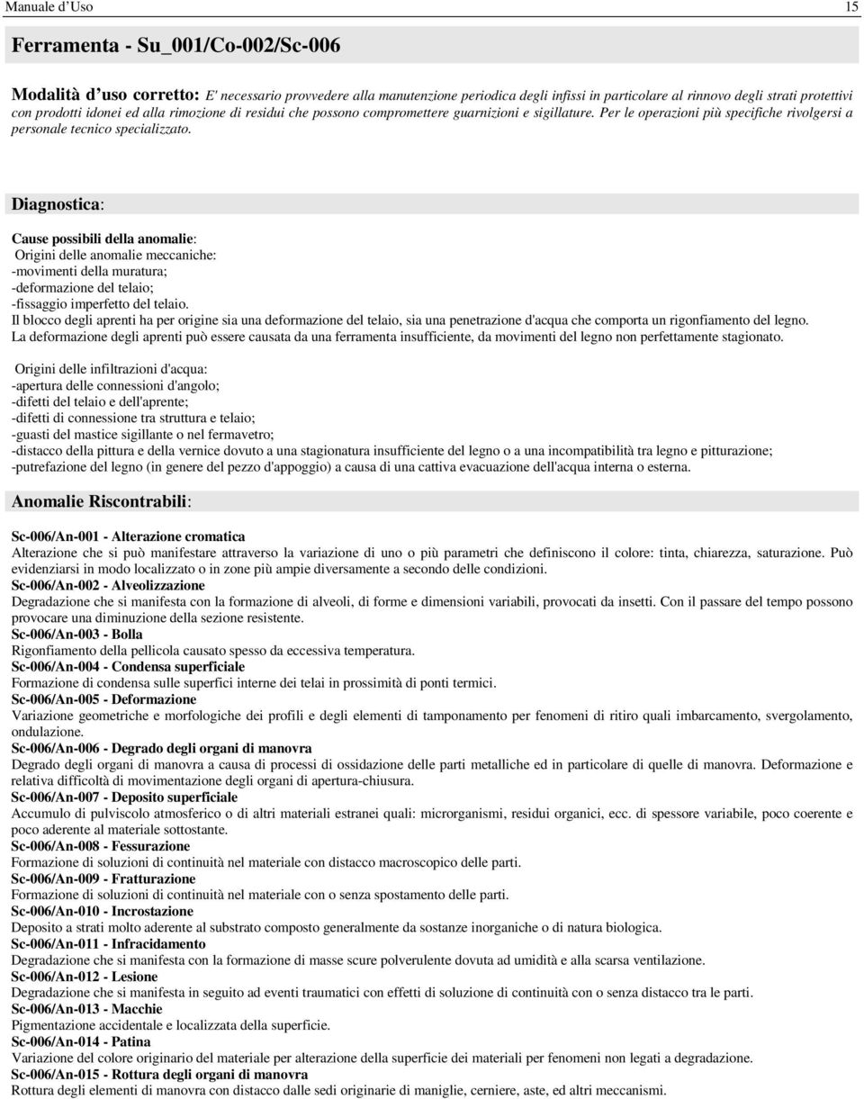 Cause possibili della anomalie: Origini delle anomalie meccaniche: -movimenti della muratura; -deformazione del telaio; -fissaggio imperfetto del telaio.