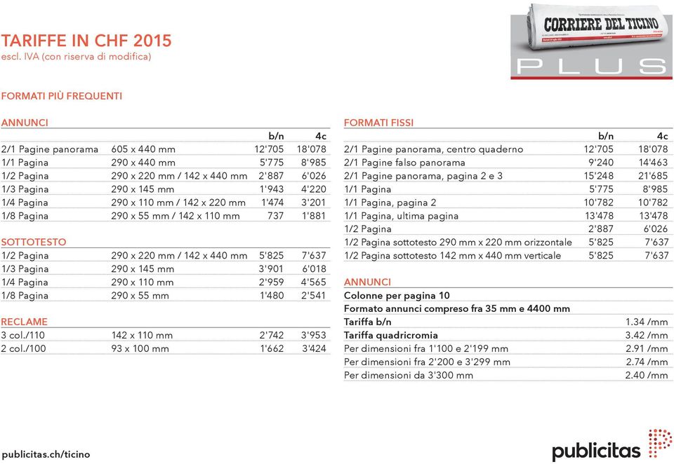 6'026 1/3 Pagina 290 x 145 mm 1'943 4'220 1/4 Pagina 290 x 110 mm / 142 x 220 mm 1'474 3'201 1/8 Pagina 290 x 55 mm / 142 x 110 mm 737 1'881 SOTTOTESTO 1/2 Pagina 290 x 220 mm / 142 x 440 mm 5'825