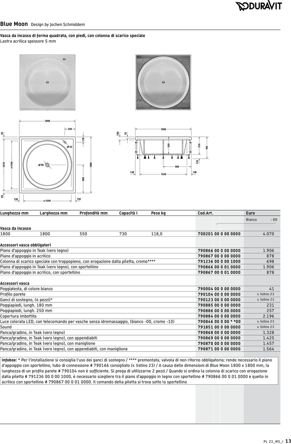 Euro Bianco - 00 Vasca da incasso 1800 1800 550 730 118,0 700201 00 0 00 0000 4.070 Accessori vasca obbligatori Piano d appoggio in Teak (vero legno) 790866 00 0 00 0000 1.