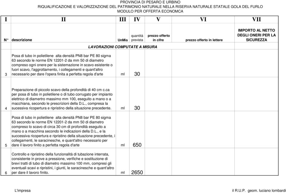 c.ca per posa di tubo in polietilene o di tubo corrugato per impianto elettrico di diamertro massimo mm 100, eseguito a mano o a macchiana, secondo le prescrizioni della D.L.