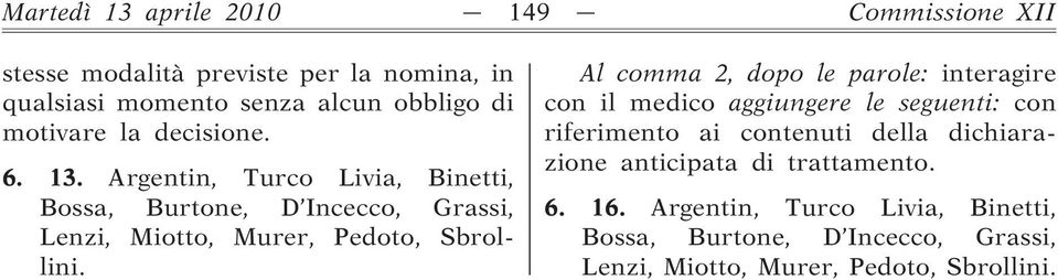 Argentin, Turco Livia, Binetti, Bossa, Burtone, D Incecco, Grassi, Lenzi, Miotto, Murer, Pedoto, Sbrollini.