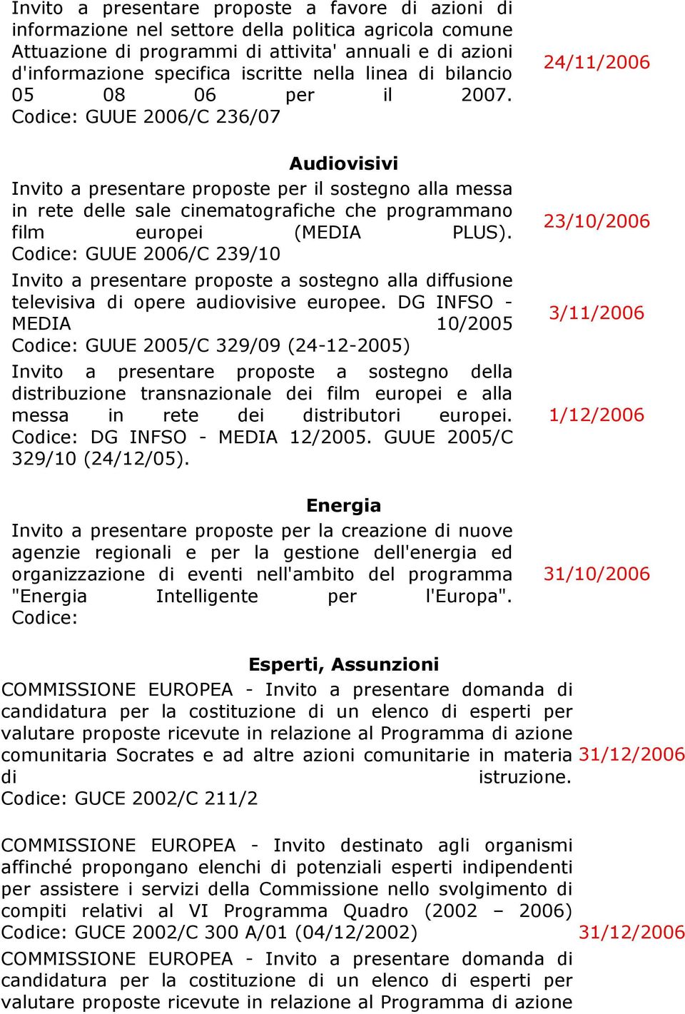 Codice: GUUE 2006/C 236/07 Audiovisivi Invito a presentare proposte per il sostegno alla messa in rete delle sale cinematografiche che programmano film europei (MEDIA PLUS).