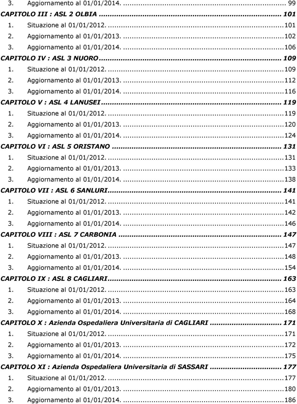 Aggiornamento al 01/01/2013.... 120 3. Aggiornamento al 01/01/2014.... 124 CAPITOLO VI : ASL 5 ORISTANO... 131 1. Situazione al 01/01/2012.... 131 2. Aggiornamento al 01/01/2013.... 133 3.