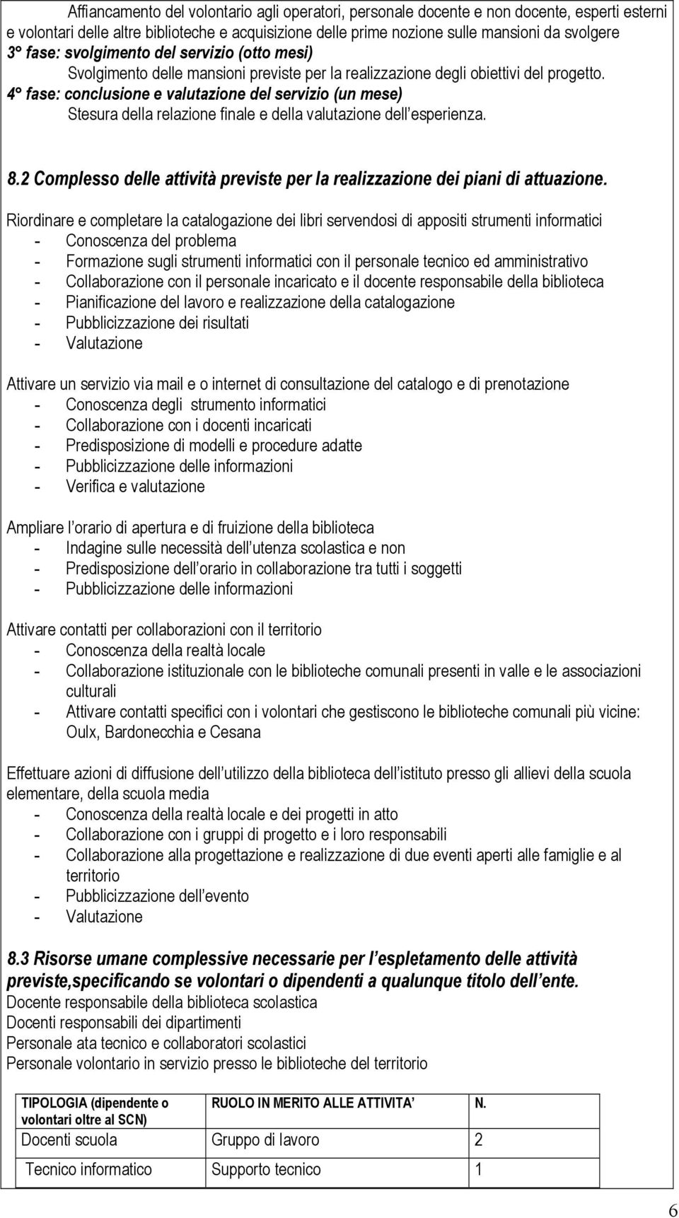 4 fase: conclusione e valutazione del servizio (un mese) Stesura della relazione finale e della valutazione dell esperienza. 8.