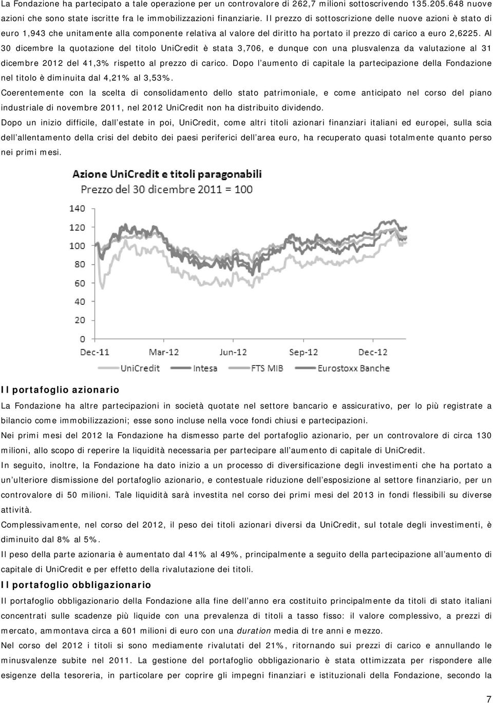 Al 30 dicembre la quotazione del titolo UniCredit è stata 3,706, e dunque con una plusvalenza da valutazione al 31 dicembre 2012 del 41,3% rispetto al prezzo di carico.