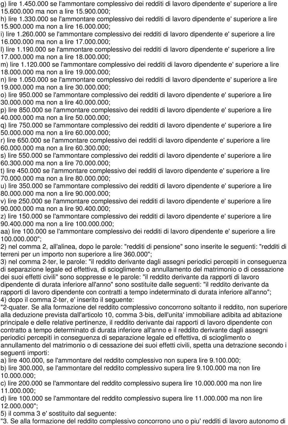 000 se l'ammontare complessivo dei redditi di lavoro dipendente e' superiore a lire 16.000.000 ma non a lire 17.000.000; l) lire 1.190.