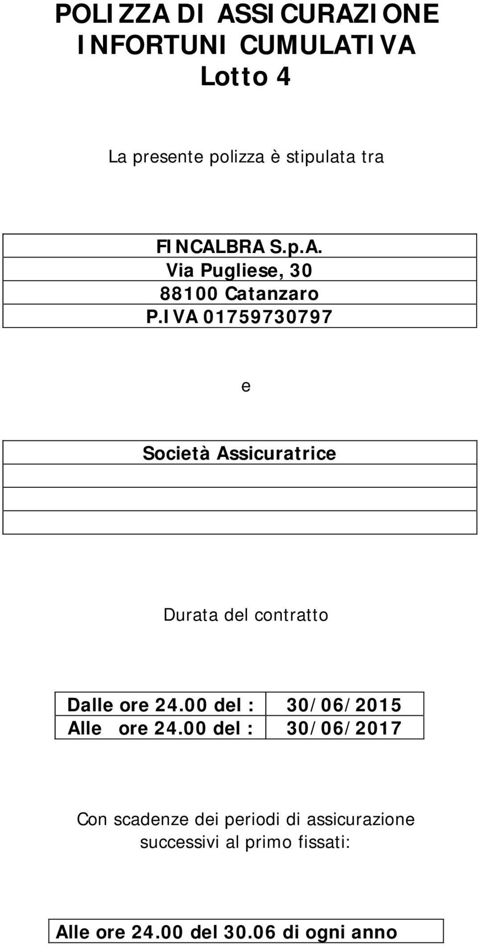 IVA 01759730797 e Società Assicuratrice Durata del contratto Dalle ore 24.