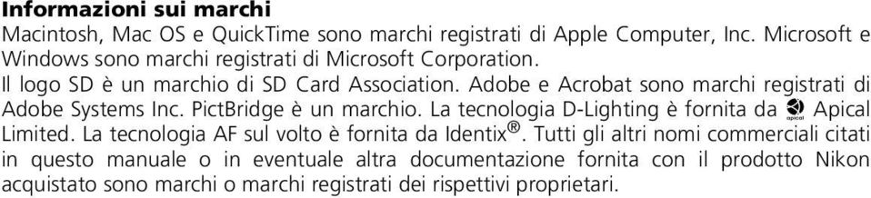 Adobe e Acrobat sono marchi registrati di Adobe Systems Inc. PictBridge è un marchio. La tecnologia D-Lighting è fornita da o Apical Limited.