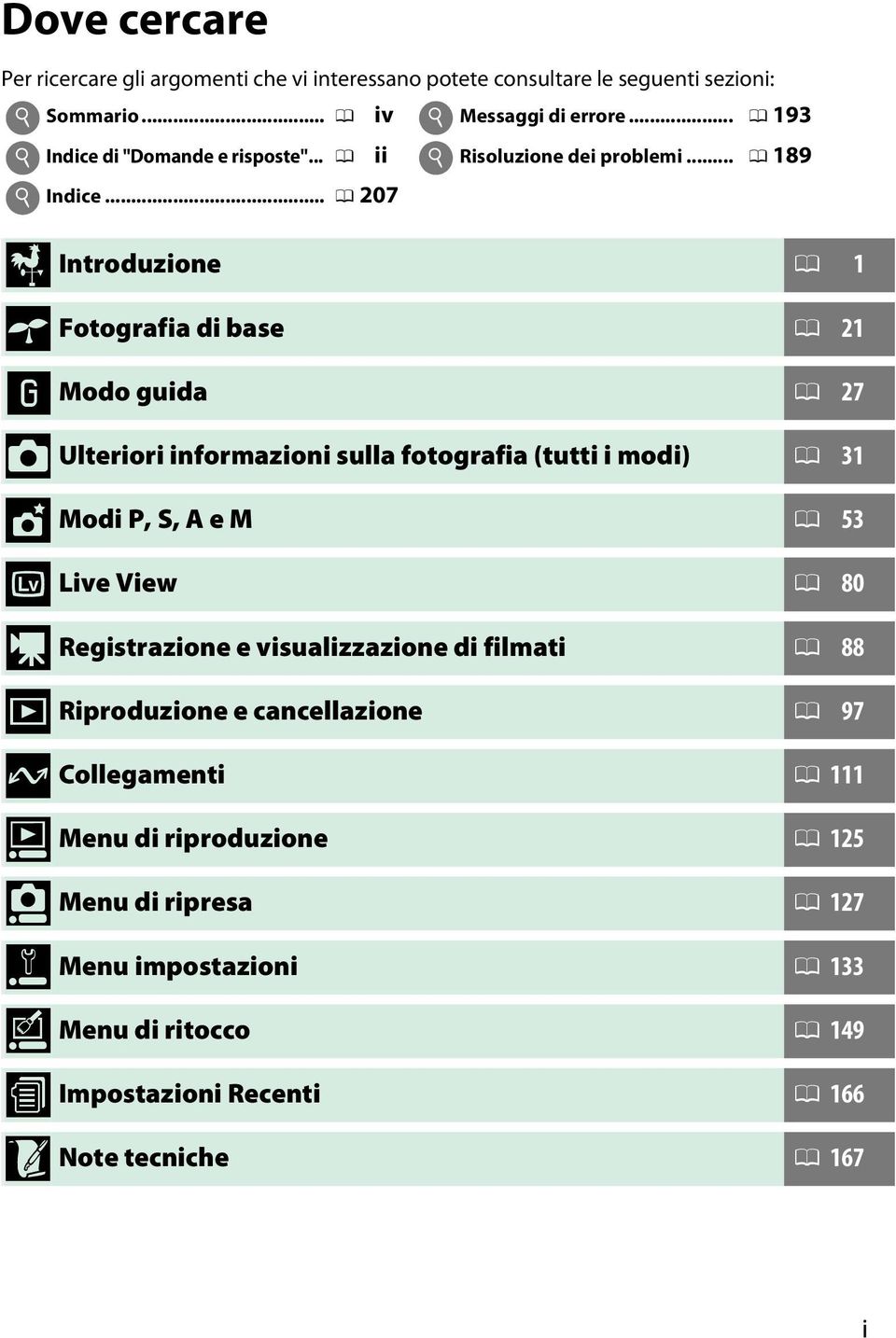 Modo guida 0 27 z t x y I Q o i g u w n Ulteriori informazioni sulla fotografia (tutti i modi) 0 31 Modi P, S, A e M 0 53 Live View 0 80 Registrazione e