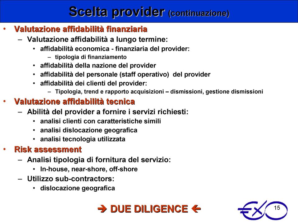 acquisizioni dismissioni, gestione dismissioni Valutazione affidabilità tecnica Abilità del provider a fornire i servizi richiesti: analisi clienti con caratteristiche simili analisi