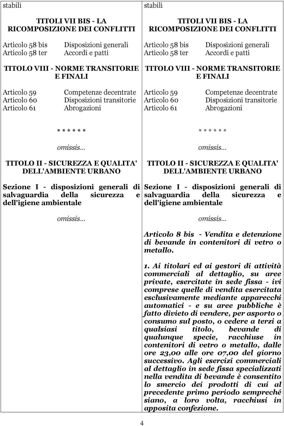 Disposizioni transitorie Abrogazioni Articolo 59 Articolo 60 Articolo 61 Competenze decentrate Disposizioni transitorie Abrogazioni * * * * * * * * * * * * TITOLO II - SICUREZZA E QUALITA'