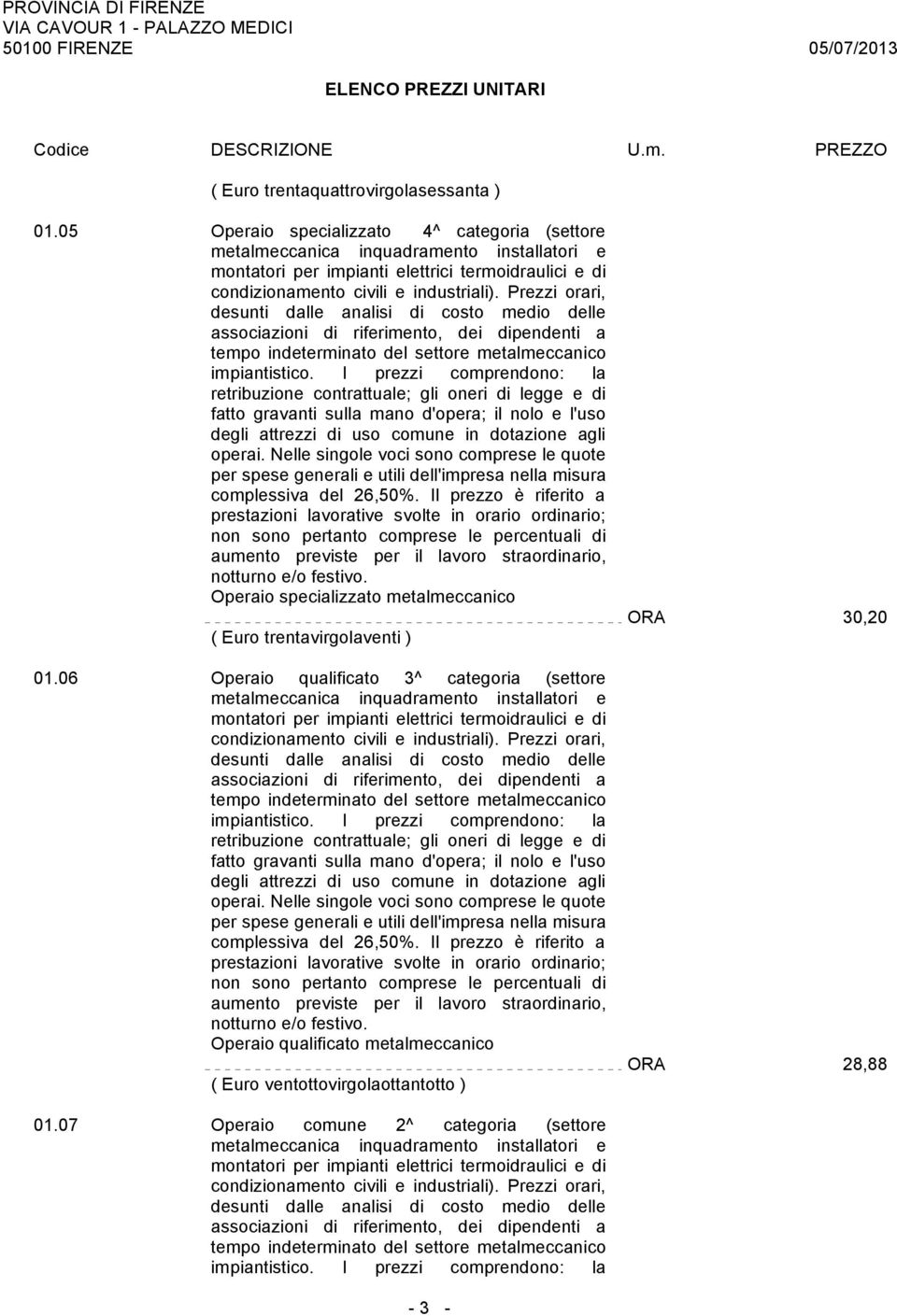 Prezzi orari, desunti dalle analisi di costo medio delle associazioni di riferimento, dei dipendenti a tempo indeterminato del settore metalmeccanico impiantistico.