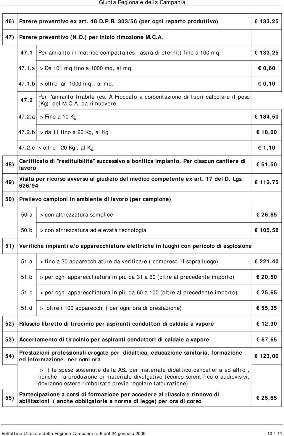 A Fioccato a coibentazione di tubi) calcolare il peso (Kg) del M.C.A. da rimuovere 47.2.a > Fino a 10 Kg 184,50 47.2.b > da 11 fino a 20 Kg, al Kg 18,00 47.2.c > oltre i 20 Kg, al Kg 1,10 48) 49) Certificato di "restituibilità" successivo a bonifica impianto.