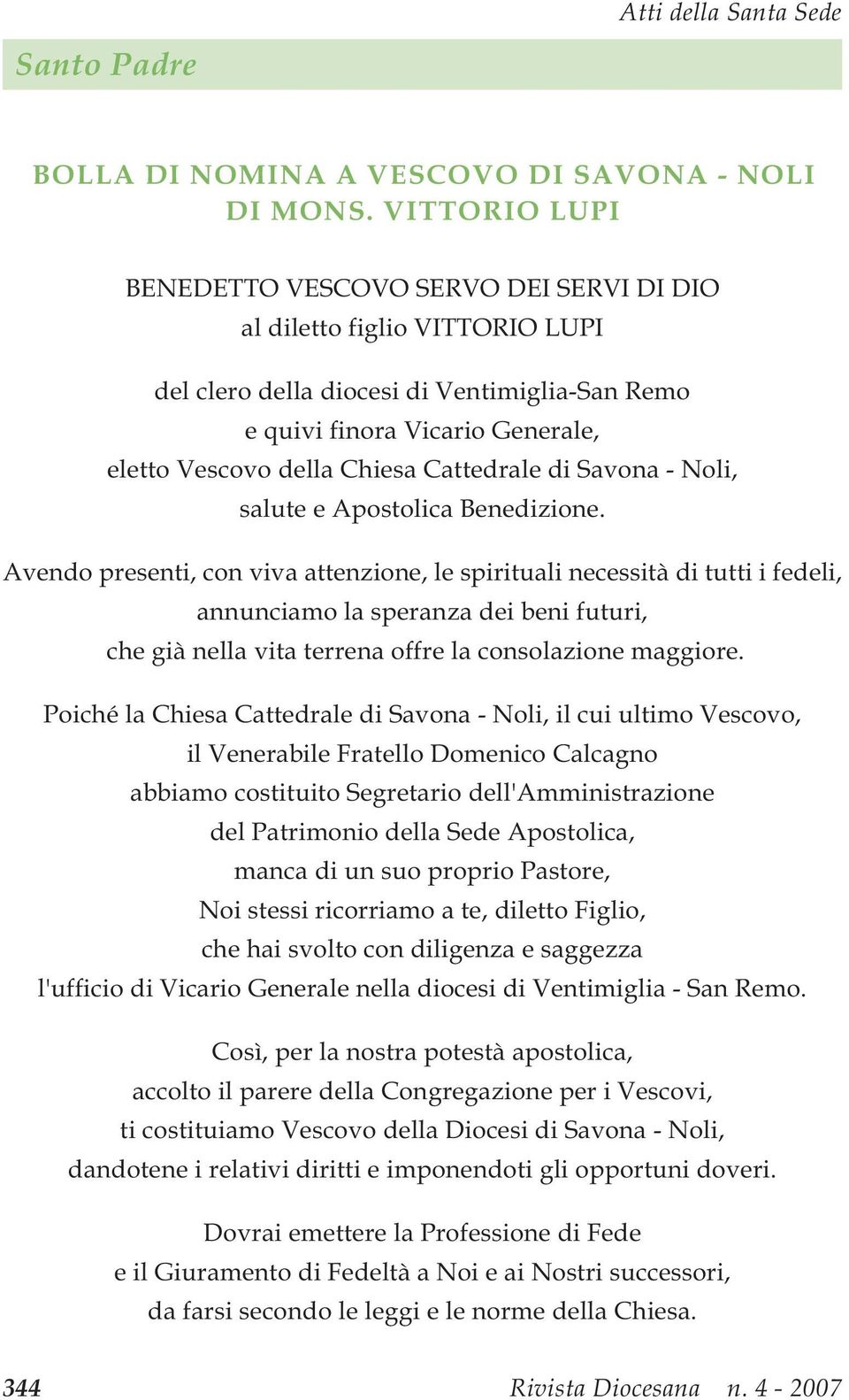 Cattedrale di Savona - Noli, salute e Apostolica Benedizione.