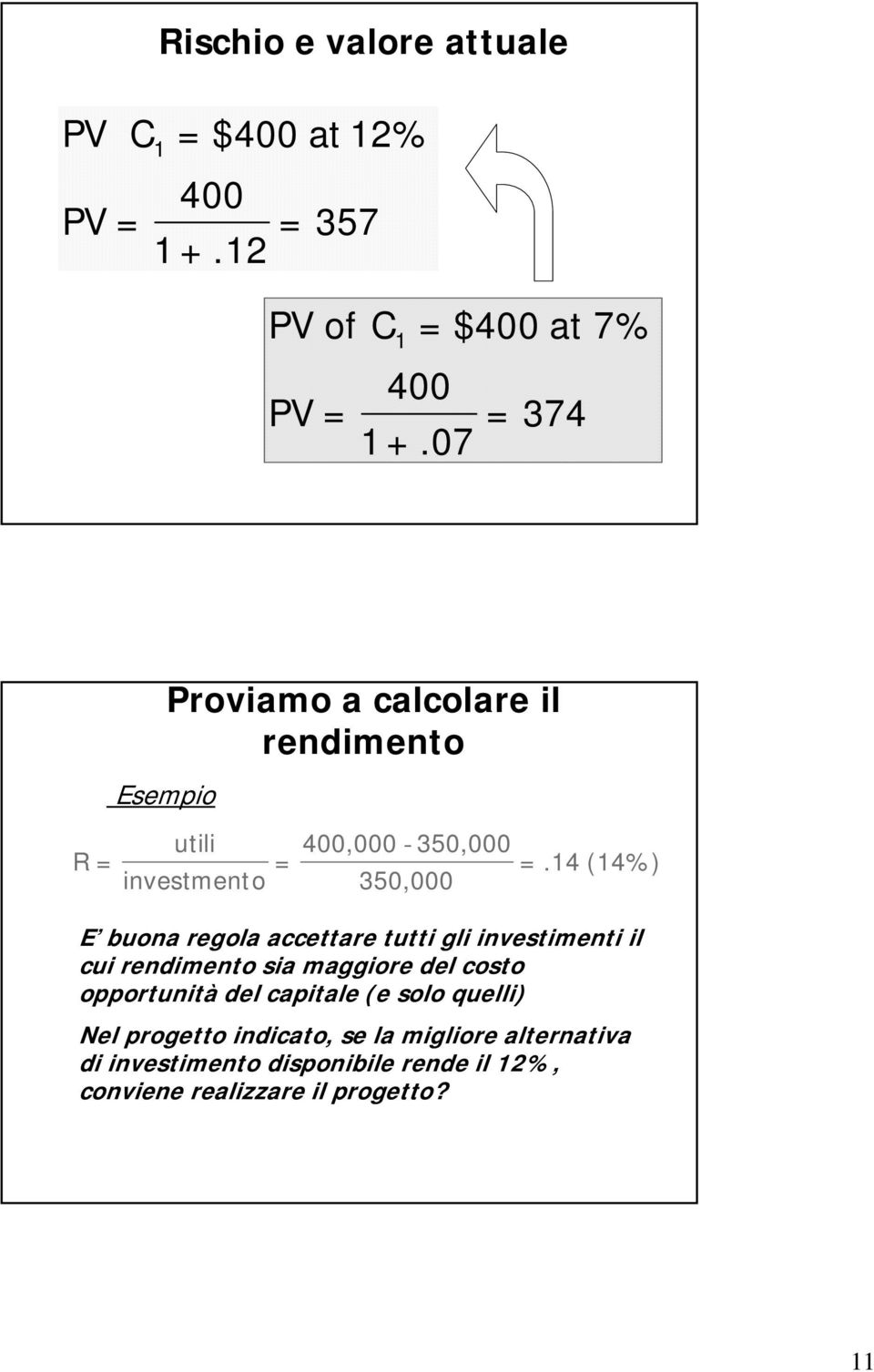 14 (14%) 350,000 E buona regola accettare tutti gli investimenti il cui rendimento sia maggiore del costo opportunità