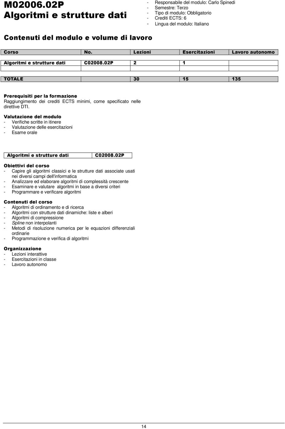 Valutazione del modulo - Verifiche scritte in itinere - Valutazione delle esercitazioni - Esame orale Algoritmi e strutture dati C02008.