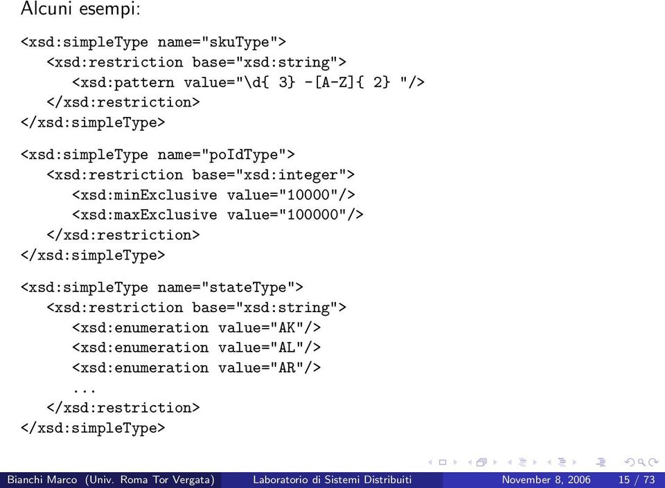 </xsd:restriction> </xsd:simpletype> <xsd:simpletype name="statetype"> <xsd:restriction base="xsd:string"> <xsd:enumeration value="ak"/> <xsd:enumeration