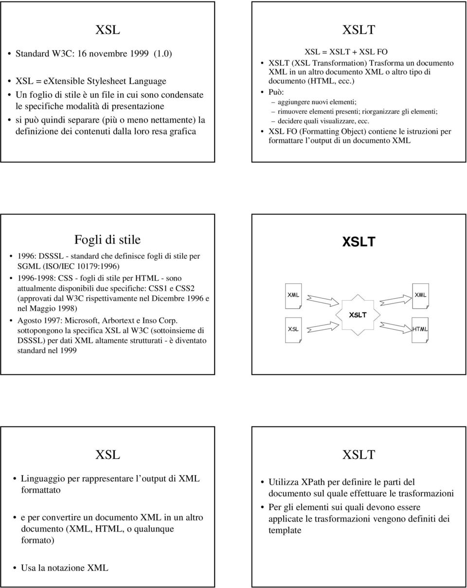 contenuti dalla loro resa grafica XSLT XSL = XSLT + XSL FO XSLT (XSL Transformation) Trasforma un documento XML in un altro documento XML o altro tipo di documento (HTML, ecc.