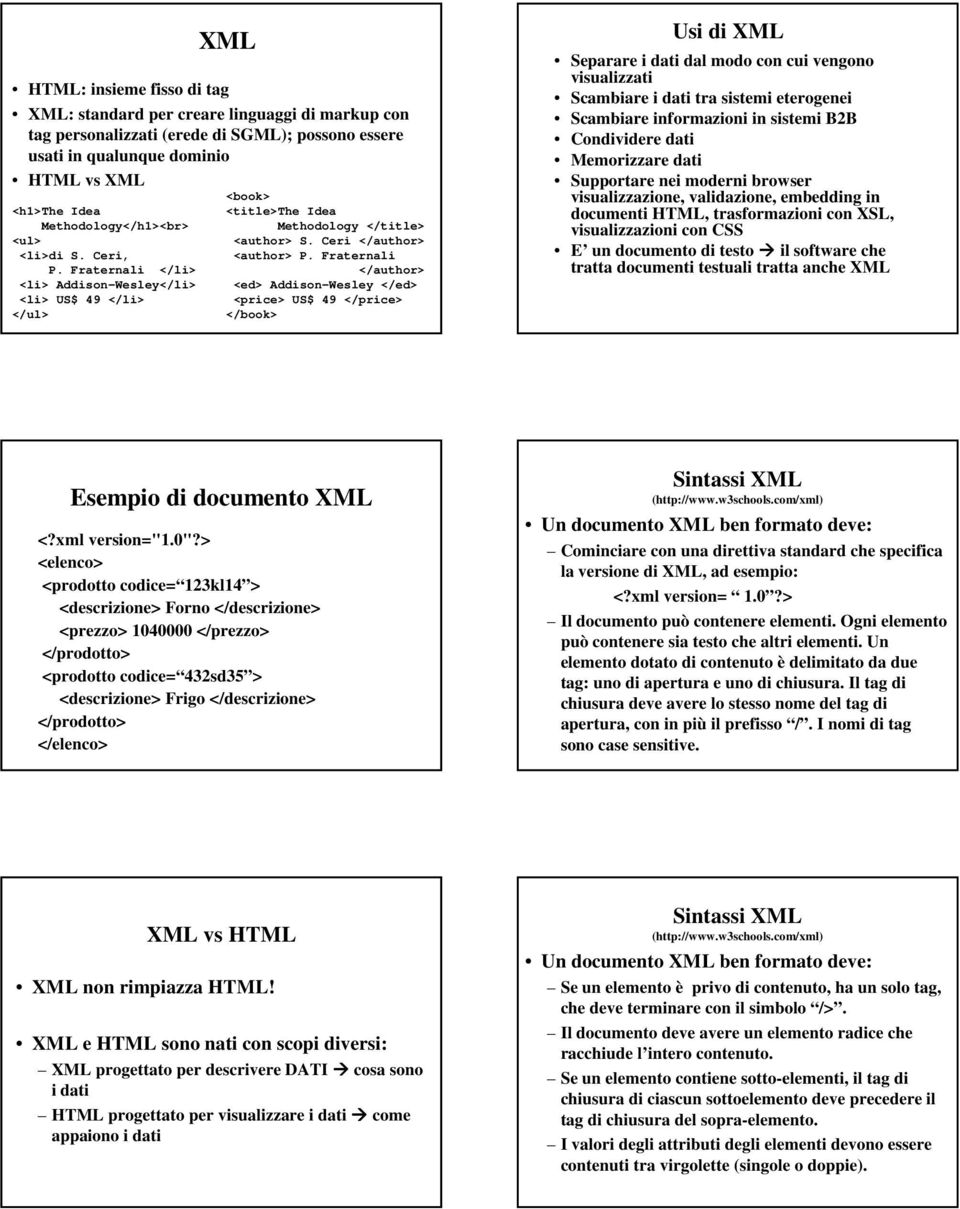 Fraternali </author> <ed> Addison-Wesley </ed> <price> US$ 49 </price> </book> Usi di XML Separare i dati dal modo con cui vengono visualizzati Scambiare i dati tra sistemi eterogenei Scambiare