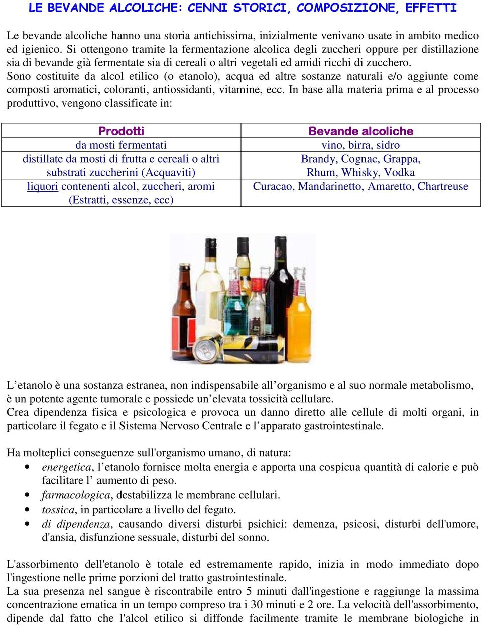 Sono costituite da alcol etilico (o etanolo), acqua ed altre sostanze naturali e/o aggiunte come composti aromatici, coloranti, antiossidanti, vitamine, ecc.