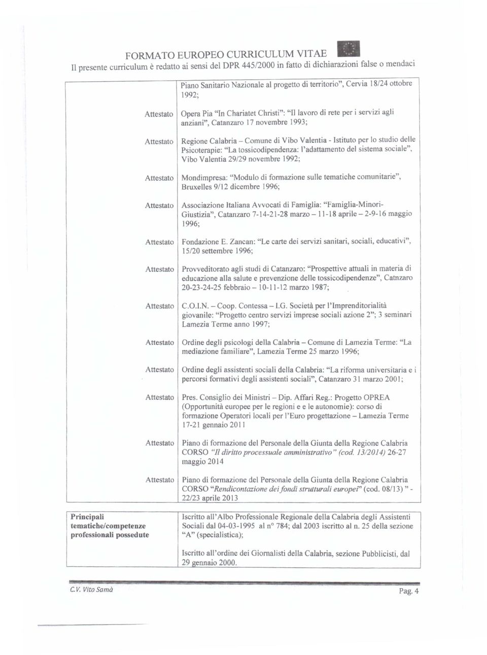 novembre 1992; Mondimpresa: "Modulo di formazione sulle tematiche comunitarie", Bruxelles 9112 dicembre 1996; Associazione Italiana Avvocati di Famiglia: "Famiglia-Minori- Giustizia", Catanzaro