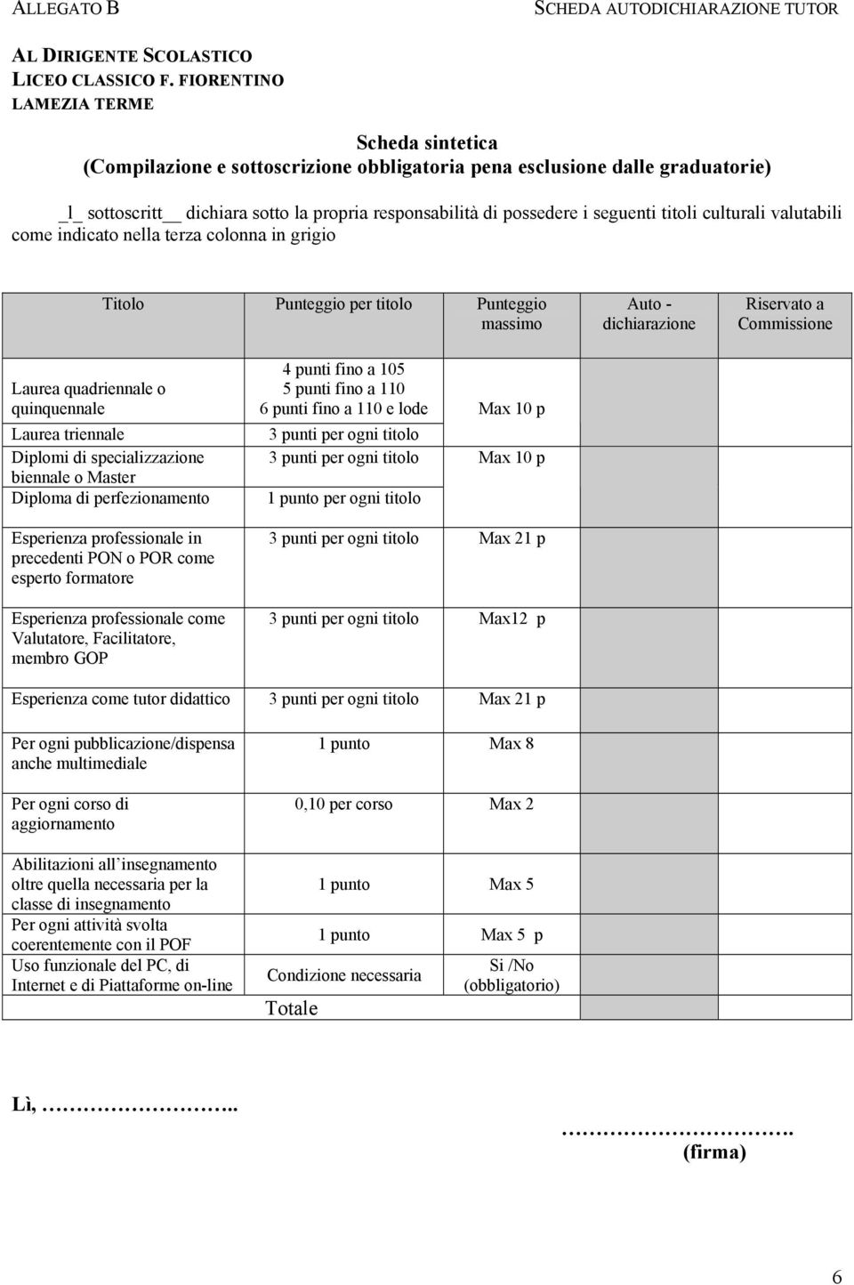 seguenti titoli culturali valutabili come indicato nella terza colonna in grigio Titolo Punteggio per titolo Punteggio massimo Auto - dichiarazione Riservato a Commissione Laurea quadriennale o