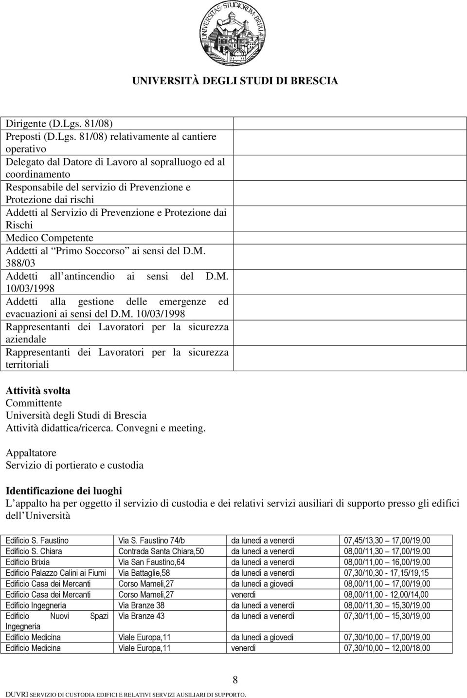 81/08) rlativamnt al cantir oprativo Dlgato dal Dator Lavoro al sopralluogo d al coornamnto Rsponsabil dl srvizio Prvnzion Protzion dai rischi Addtti al Srvizio Prvnzion Protzion dai Rischi Mco