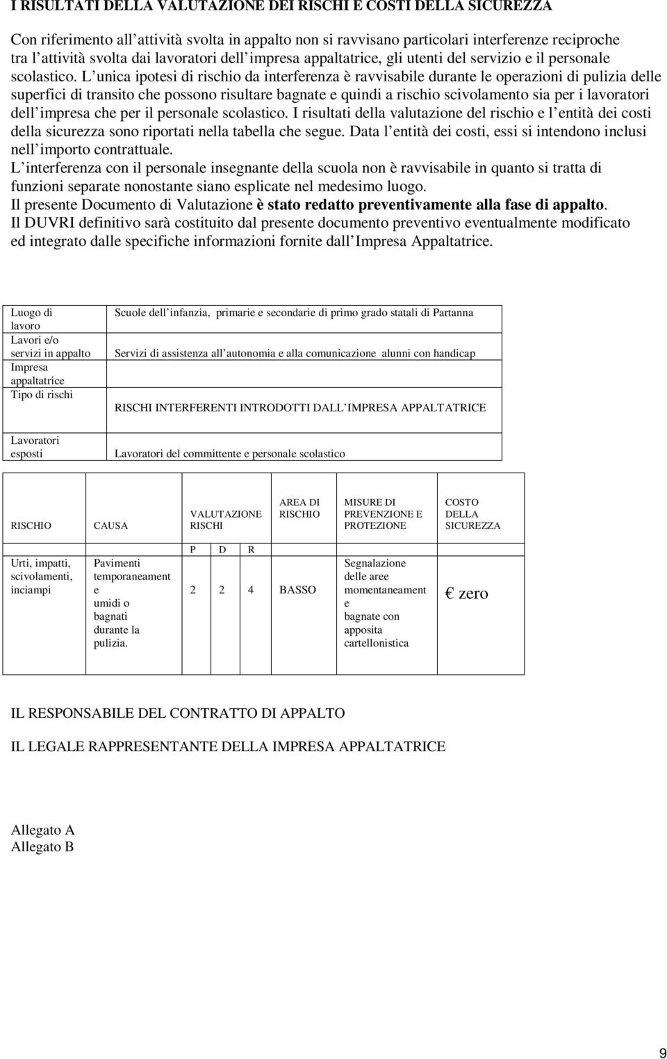 L unica ipotesi di rischio da interferenza è ravvisabile durante le operazioni di pulizia delle superfici di transito che possono risultare bagnate e quindi a rischio scivolamento sia per i