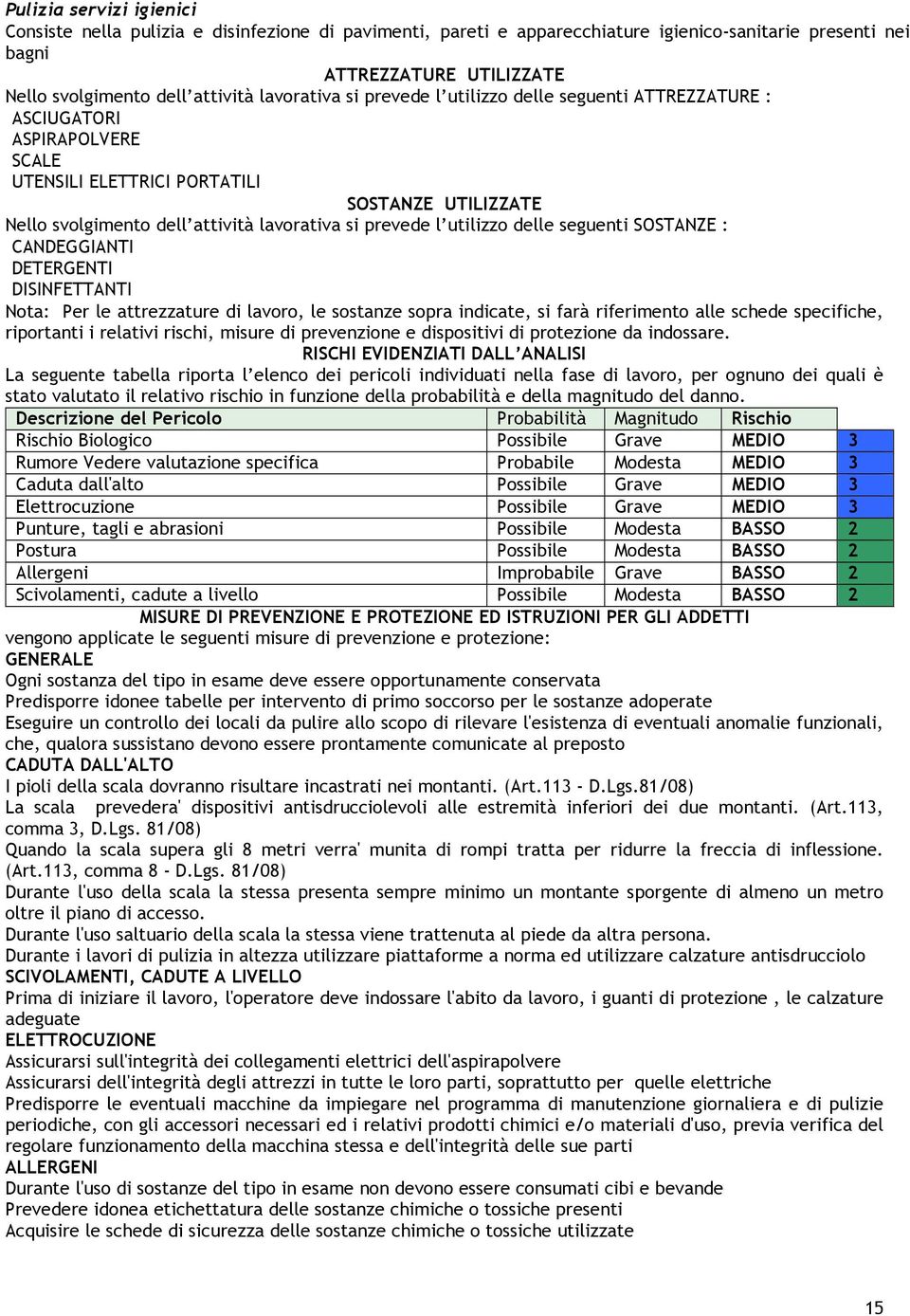 utilizzo delle seguenti SOSTANZE : CANDEGGIANTI DETERGENTI DISINFETTANTI Nota: Per le attrezzature di lavoro, le sostanze sopra indicate, si farà riferimento alle schede specifiche, riportanti i