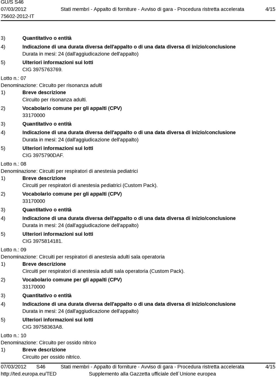 : 08 Denominazione: Circuiti per respiratori di anestesia pediatrici Circuiti per respiratori di anestesia pediatrici (Custom Pack).