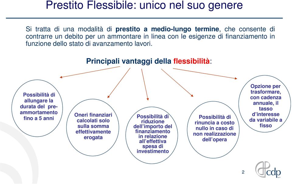 Principali vantaggi della flessibilità: Possibilità di allungare la durata del preammortamento fino a 5 anni Oneri finanziari calcolati solo sulla somma effettivamente