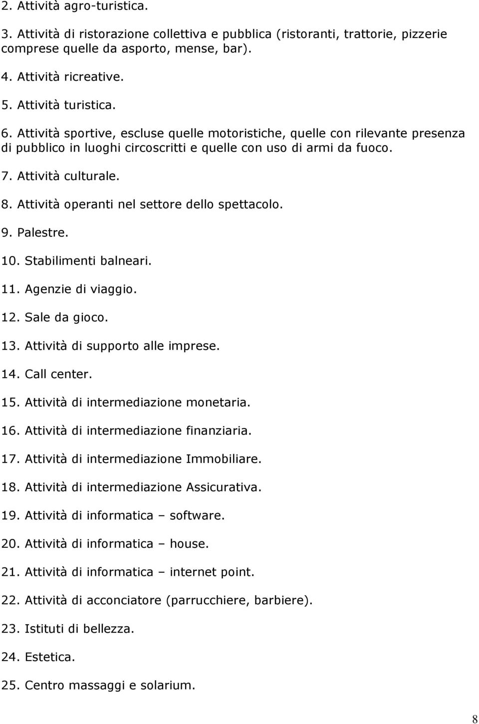 Attività operanti nel settore dello spettacolo. 9. Palestre. 10. Stabilimenti balneari. 11. Agenzie di viaggio. 12. Sale da gioco. 13. Attività di supporto alle imprese. 14. Call center. 15.