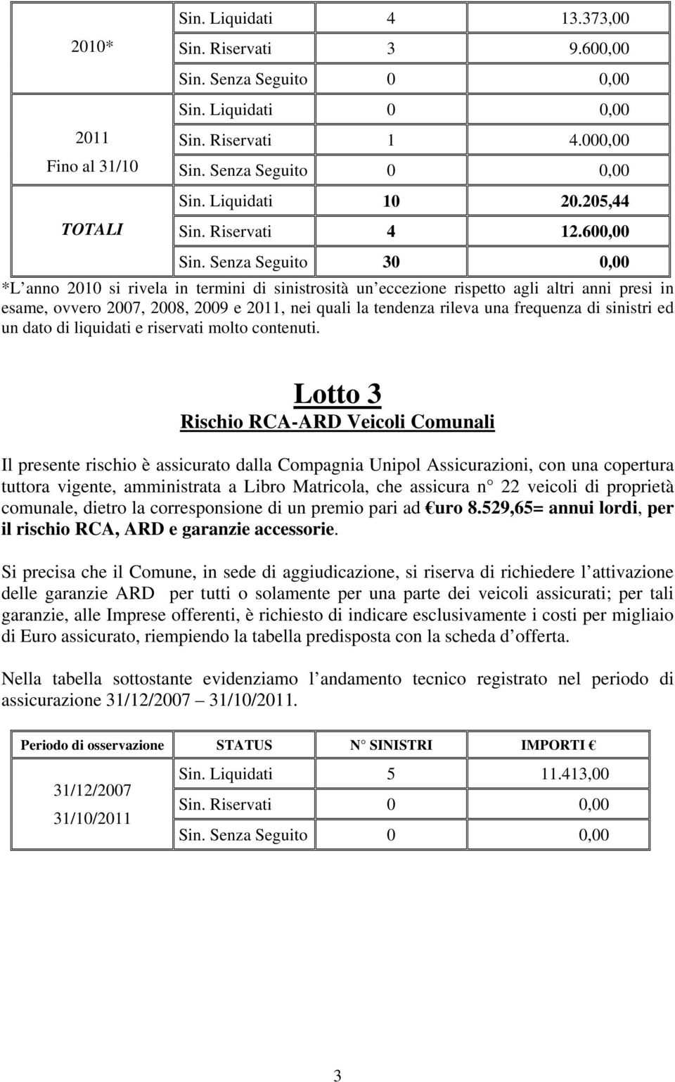 Senza Seguito 30 0,00 *L anno 2010 si rivela in termini di sinistrosità un eccezione rispetto agli altri anni presi in esame, ovvero 2007, 2008, 2009 e 2011, nei quali la tendenza rileva una