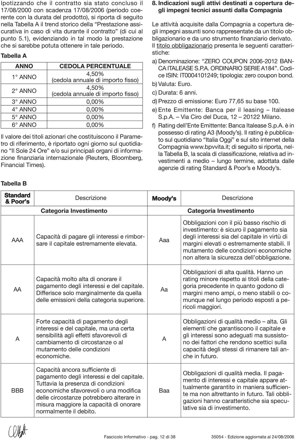 Tabella A ANNO CEDOLA PERCENTUALE 1 ANNO 4,50% (cedola annuale di importo fisso) 2 ANNO 4,50% (cedola annuale di importo fisso) 3 ANNO 0,00% 4 ANNO 0,00% 5 ANNO 0,00% 6 ANNO 0,00% Il valore dei